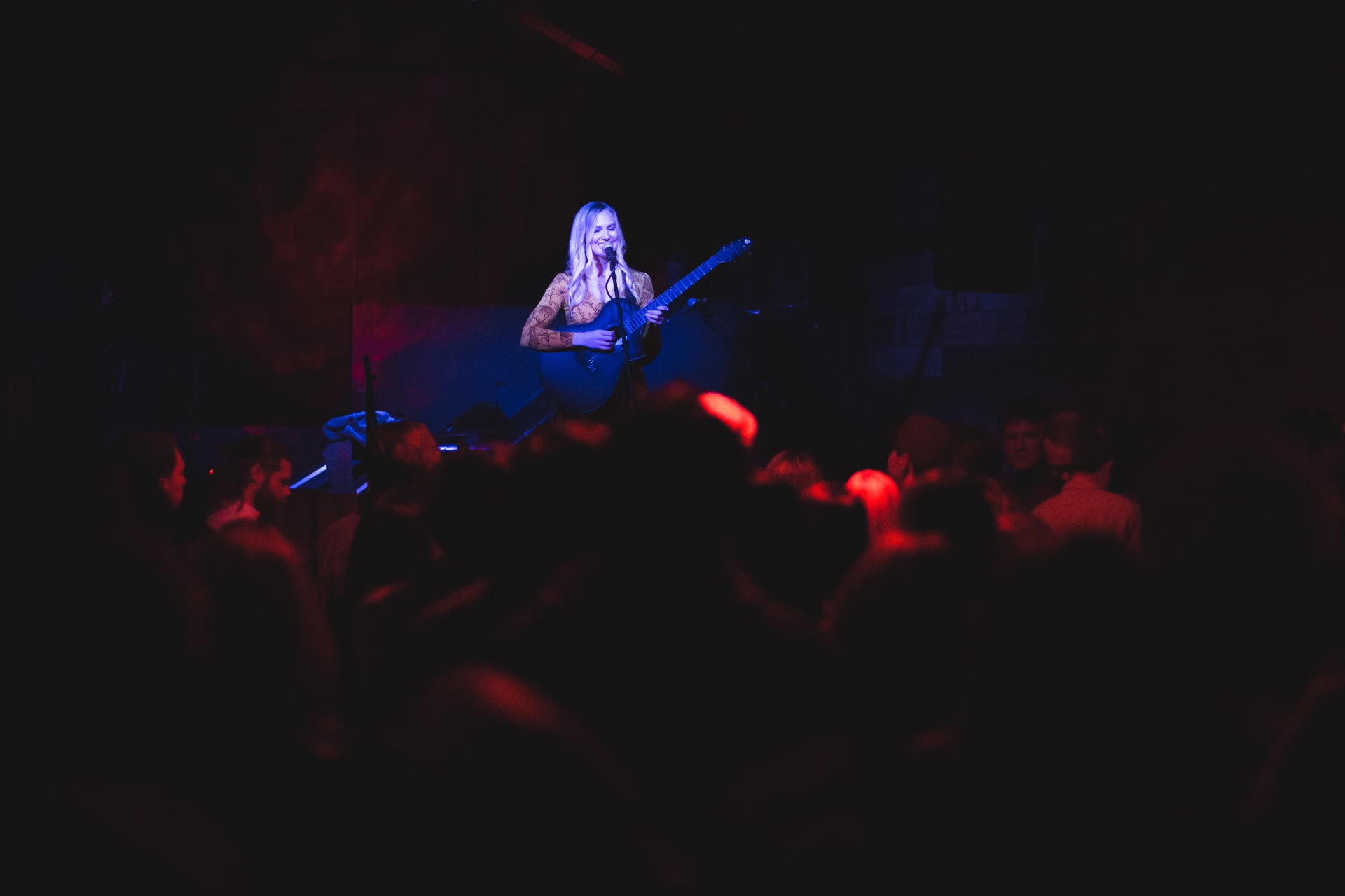Christine performing on a moody blue-lit stage before a crowd